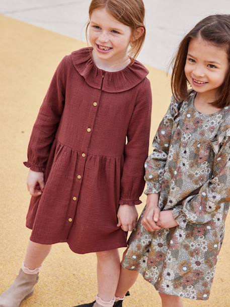 Jurk met knoopjes van katoengaas beige (poederkleur)+chocoladebruin - vertbaudet enfant 