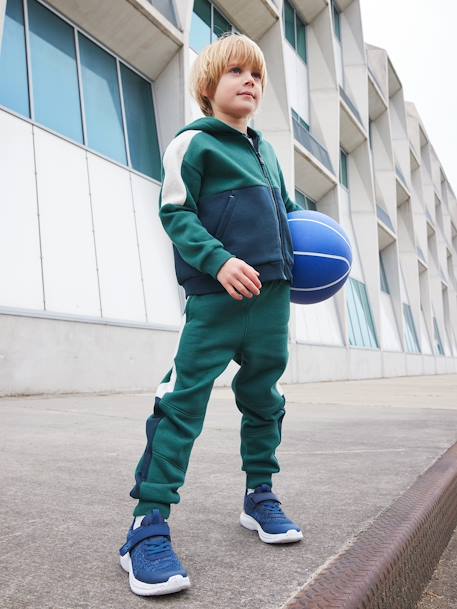 Sportieve sweater met rits en capuchon, colourblock effect, jongens bordeauxrood+dennen+gemêleerd grijs+okergeel - vertbaudet enfant 