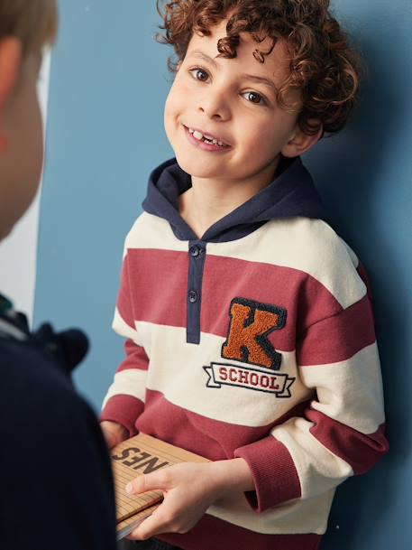 Jongenssweater met capuchon en badge van boucléwol op de borst bordeauxrood - vertbaudet enfant 