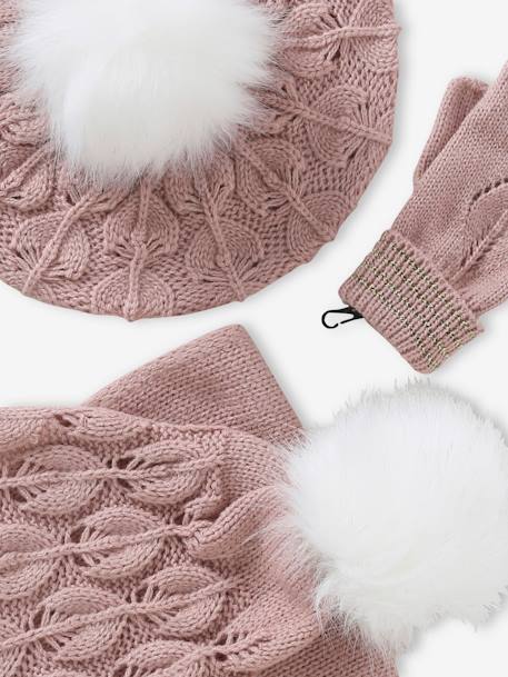 Baret + sjaal + handschoenen of wanten in zoomsteek en bontfantasie voor meisjes roze (poederkleur) - vertbaudet enfant 