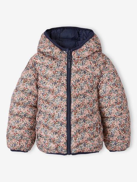 Lichtgewicht omkeerbaar meisjesjack met capuchon en gerecyclede polyester voering 6306+antraciet met print+nachtblauw+roze met print - vertbaudet enfant 