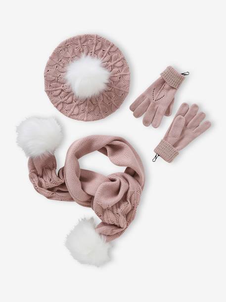 Baret + sjaal + handschoenen of wanten in zoomsteek en bontfantasie voor meisjes roze (poederkleur) - vertbaudet enfant 