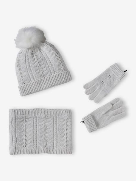 Set muts + snood + handschoenen of wanten van kabelbreisel voor meisjes ecru - vertbaudet enfant 