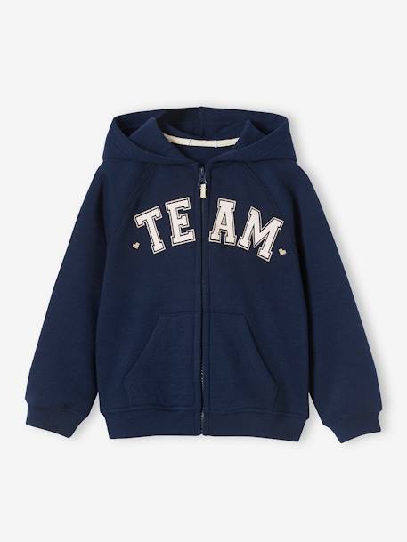 Sportsweater met rits en capuchon met 'Team' motief meisjes blauwgroen+groen+marineblauw - vertbaudet enfant 