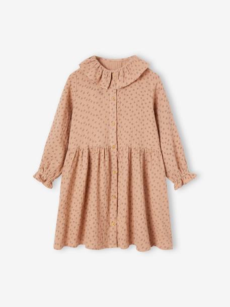 Jurk met knoopjes van katoengaas beige (poederkleur)+chocoladebruin - vertbaudet enfant 