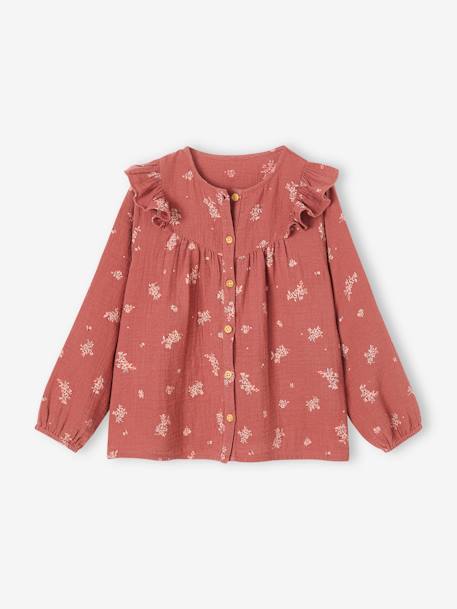 Meisjesblouse met ruches van katoengaas groen+terracotta+wit - vertbaudet enfant 