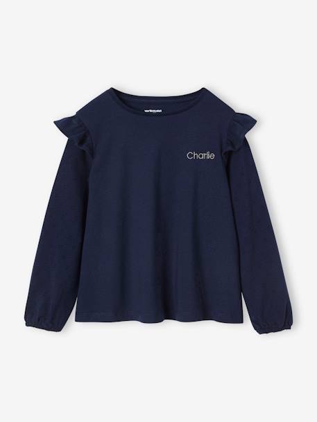T-shirt BASICS met lange mouwen en ruches voor meisjes ecru+marineblauw+rozenhout - vertbaudet enfant 