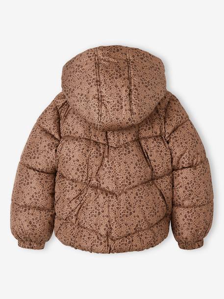 Meisjesdonsjas met capuchon en print en met fleece voering bruin, bedrukt+groen, bedrukt - vertbaudet enfant 