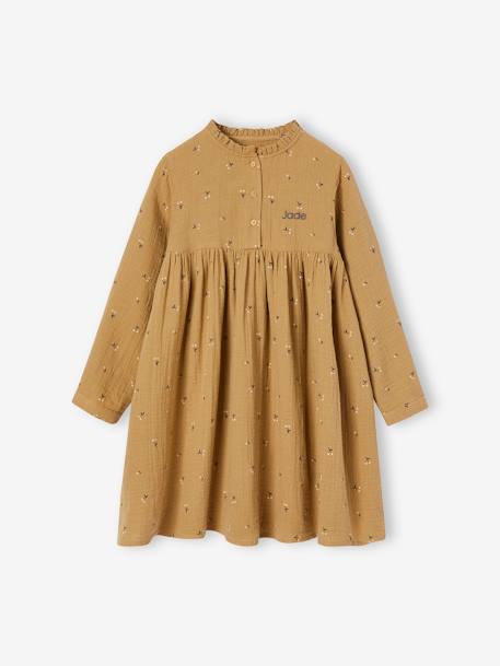 Meisjesjurk beige+bordeauxrood met print - vertbaudet enfant 