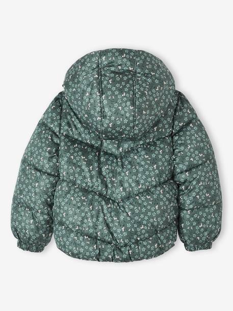 Meisjesdonsjas met capuchon en print en met fleece voering bruin, bedrukt+groen, bedrukt - vertbaudet enfant 