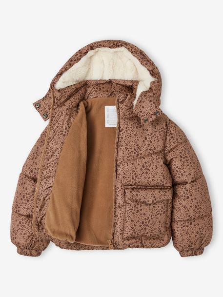 Meisjesdonsjas met capuchon en print en met fleece voering bruin, bedrukt - vertbaudet enfant 