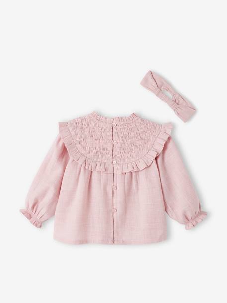 Babyblouse met smokwerk en bijpassende hoofdband donkerpaars+groengrijs+lila - vertbaudet enfant 