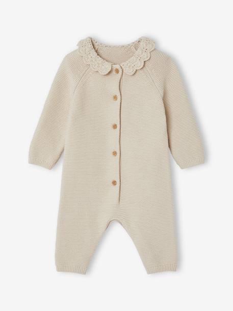 Gebreide baby jumpsuit met gehaakte kraag ecru - vertbaudet enfant 