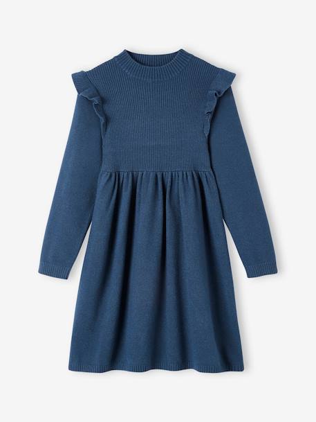 Jurk met ruches van tricot nachtblauw+roze (poederkleur) - vertbaudet enfant 