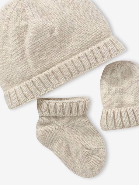 Gebreide set baby muts + wanten + laarsjes gemêleerd beige+hazelnoot - vertbaudet enfant 