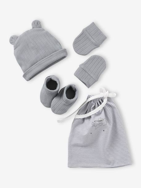 Kabelgebreide set muts + wanten + slofjes + babytas voor babymeisjes grijsblauw - vertbaudet enfant 