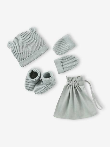 Set babymutsjes, wanten en laarsjes en bijpassend zakje Oeko-Tex® ecru+grijsblauw+marineblauw - vertbaudet enfant 