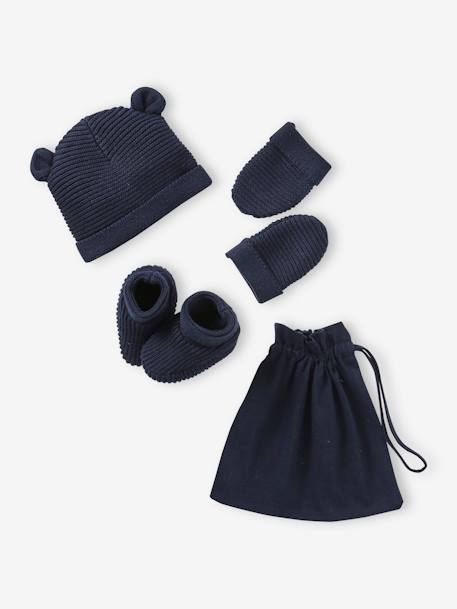 Set babymutsjes, wanten en laarsjes en bijpassend zakje Oeko-Tex® ecru+grijsblauw+marineblauw - vertbaudet enfant 