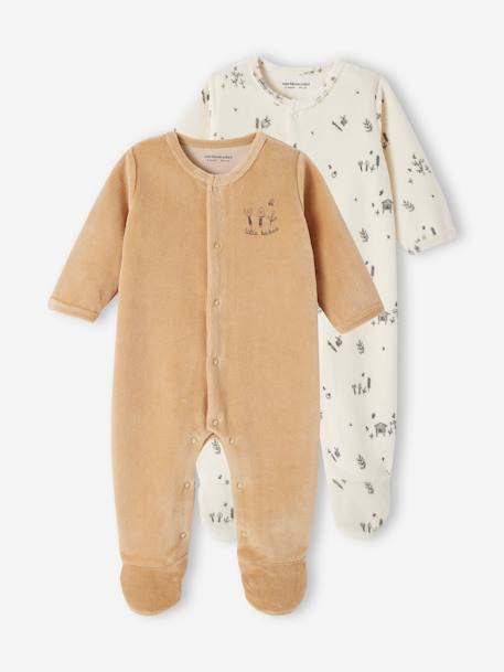 Set van 2 fluwelen babyslaappakjes met opening voor cappuccino+goudgeel+grijsblauw - vertbaudet enfant 