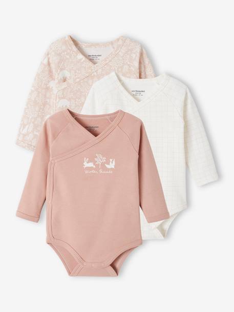 Set van 3 rompertjes met lange mouwen en opening voor pasgeborenen van biologische katoen jeansblauw+roze (poederkleur) - vertbaudet enfant 