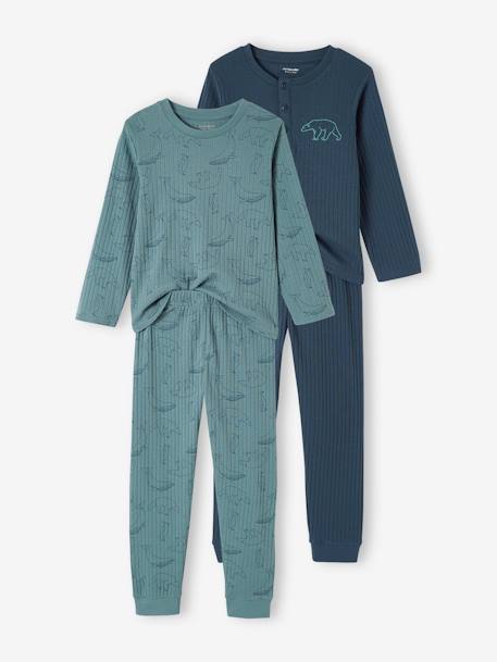 Set van 2 'beren'-pyjama's in ribtricot smaragdgroen - vertbaudet enfant 