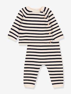 Baby-Babyset-Babyset gebreid in wol en katoen met marinestreep PETIT BATEAU