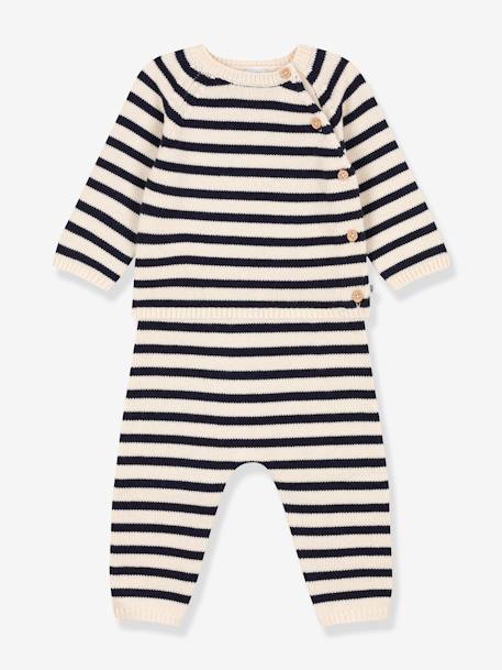 Babyset gebreid in wol en katoen met marinestreep PETIT BATEAU beige, bedrukt - vertbaudet enfant 