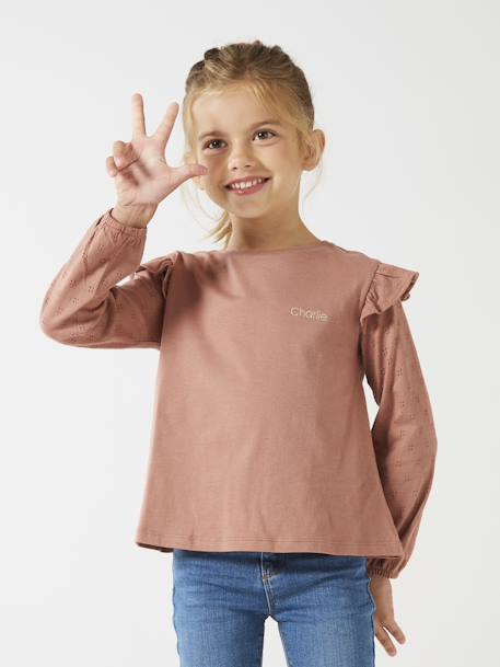 T-shirt BASICS met lange mouwen en ruches voor meisjes ecru+marineblauw+rozenhout - vertbaudet enfant 