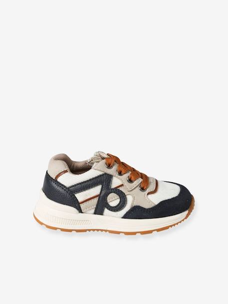 Babysneakers met veters en rits ecru+jeansblauw - vertbaudet enfant 