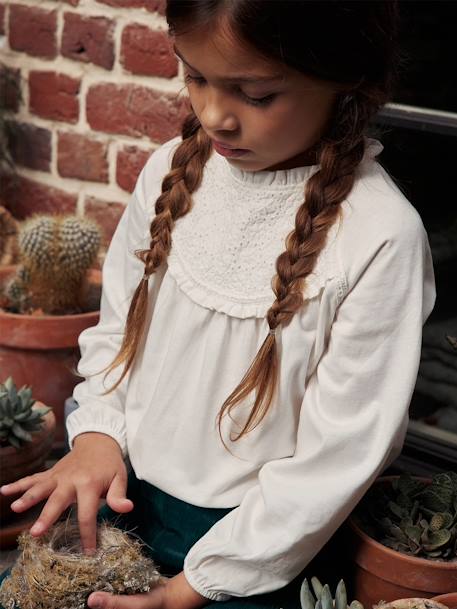 Shirt van Engels borduurwerk voor meisjes donkergroen+ecru+oudroze - vertbaudet enfant 