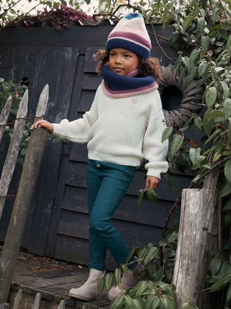 Gebreide meisjestrui met iriserende badge en parels ecru+paars+roze (poederkleur) - vertbaudet enfant 