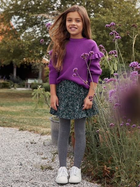 Fluwelen meisjesrok met ruches en bloemenprint groen+oudroze - vertbaudet enfant 