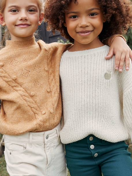 Gebreide meisjestrui met iriserende badge en parels ecru+paars+roze (poederkleur) - vertbaudet enfant 