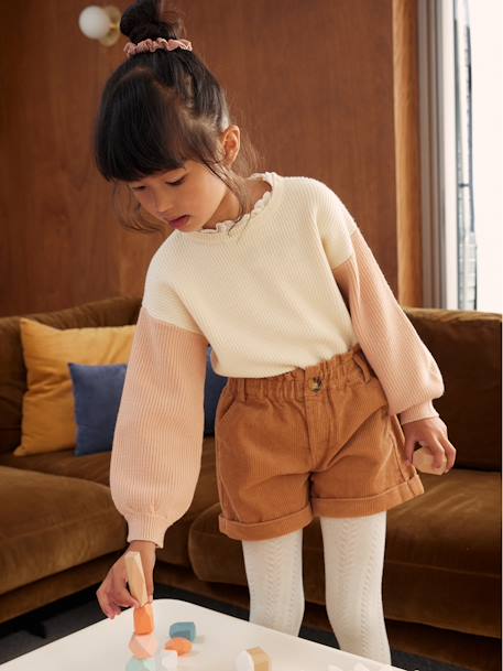 Fluwelen paperbag meisjesshort bosbesroze+camel+rozenhout - vertbaudet enfant 