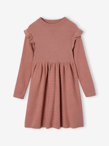 Jurk met ruches van tricot roze (poederkleur)+rozenhout - vertbaudet enfant 