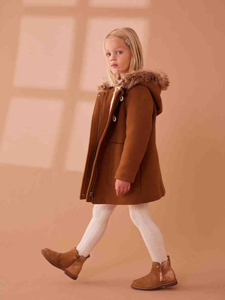 Leren boots met pompon kleutercollectie meisjes kameel+rozen - vertbaudet enfant 