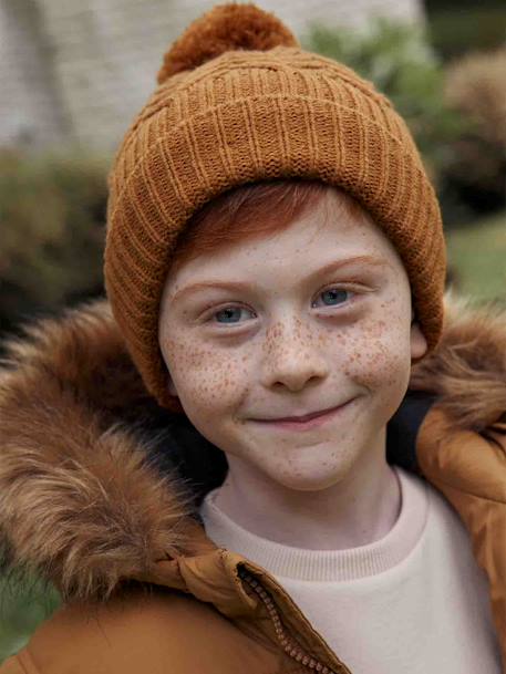 Jongensset met muts + snood + wanten/handschoenen van kabelbreiwerk dennen+okergeel - vertbaudet enfant 