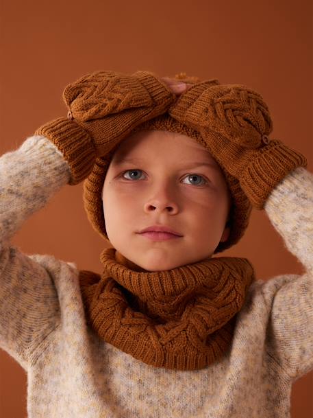 Jongensset met muts + snood + wanten/handschoenen van kabelbreiwerk dennen+okergeel - vertbaudet enfant 