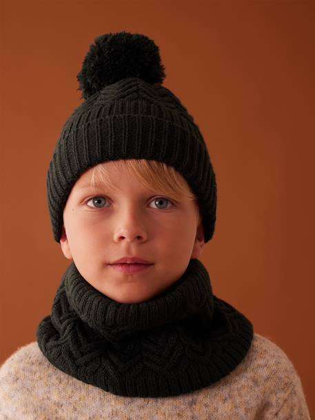 Jongensset met muts + snood + wanten/handschoenen van kabelbreiwerk dennen+okergeel - vertbaudet enfant 