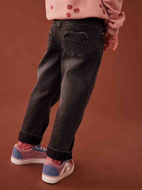 Mom jeans met hartjeszakken op de achterkant Meisje denimgrijs+ongewassen denim+stone - vertbaudet enfant 