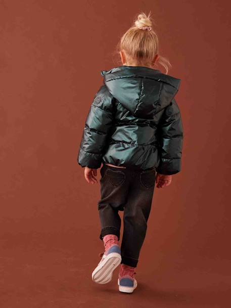 Donsjack met capuchon voor meisjes met parelmoereffect met fleece voering dennen+ecru - vertbaudet enfant 