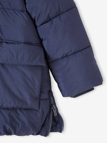 Lang donsjack met capuchon en sherpa voering voor jongens ijsblauw+marineblauw - vertbaudet enfant 