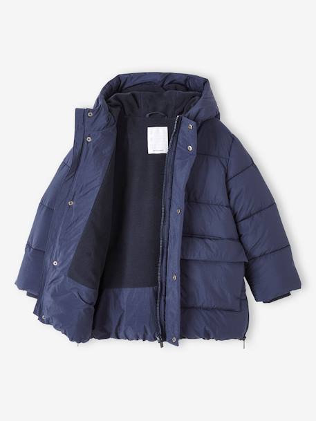 Lang donsjack met capuchon en sherpa voering voor jongens ijsblauw+marineblauw - vertbaudet enfant 