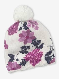 Meisje-Accessoires-Meisjesmuts, sjaal, handschoenen-Fijngebreide meisjesmuts met bloemenprint