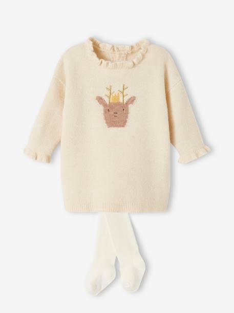 Kerstset voor baby met gebreide jurk met rendierpatroon + maillot ecru - vertbaudet enfant 