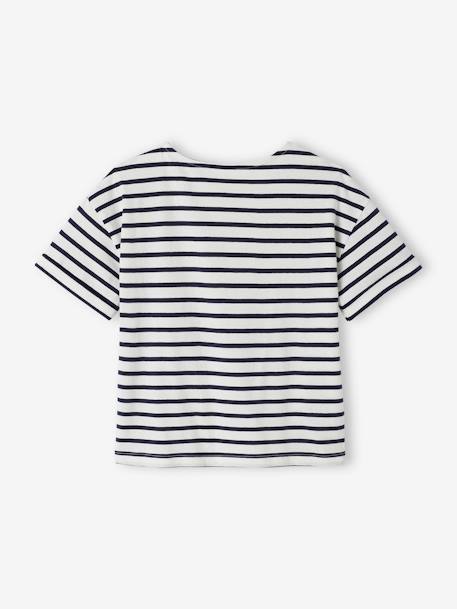 Gestreept meisjes-T-shirt met korte mouwen ongewassen denim+roze, gestreept - vertbaudet enfant 