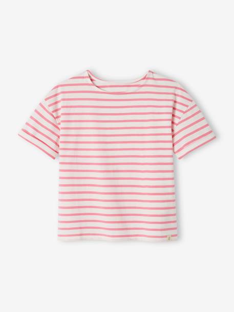 Gestreept meisjes-T-shirt met korte mouwen ongewassen denim+roze, gestreept - vertbaudet enfant 