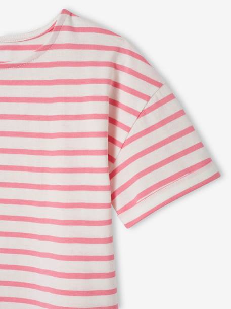 Gestreept meisjes-T-shirt met korte mouwen ongewassen denim+roze, gestreept - vertbaudet enfant 