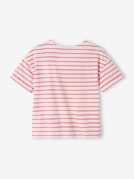 Gestreept meisjes-T-shirt met korte mouwen ongewassen denim+roze, gestreept - vertbaudet enfant 