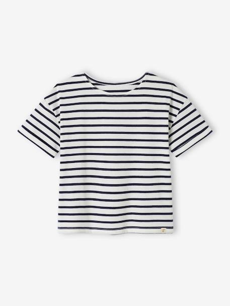 Gestreept meisjes-T-shirt met korte mouwen ongewassen denim+roze, gestreept - vertbaudet enfant 